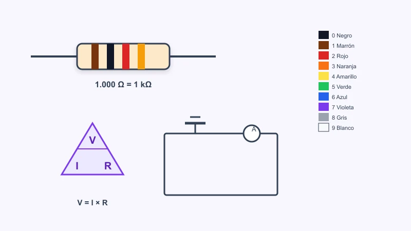 Calculadora de resistencias con código de colores y ley de Ohm